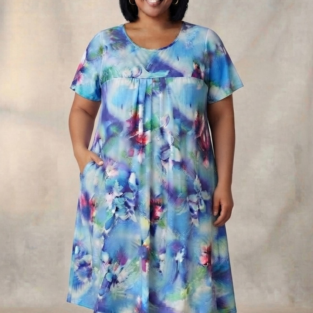 Vintage BestShow Blue Abstract Comfy Midi Dress with Pockets